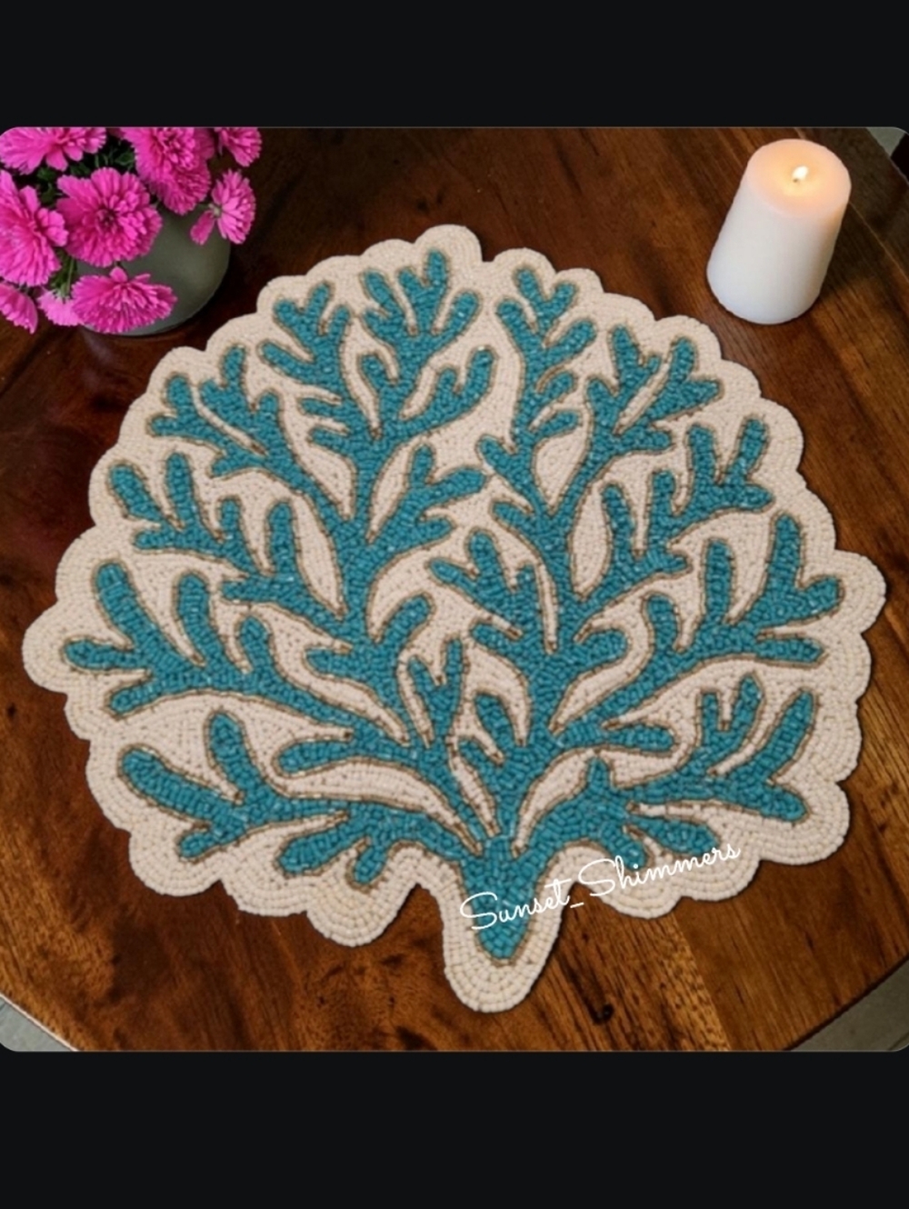 Tahari Coastal Blue Sea Coral Reef Beaded Placemat Charger Centerpiece NEW